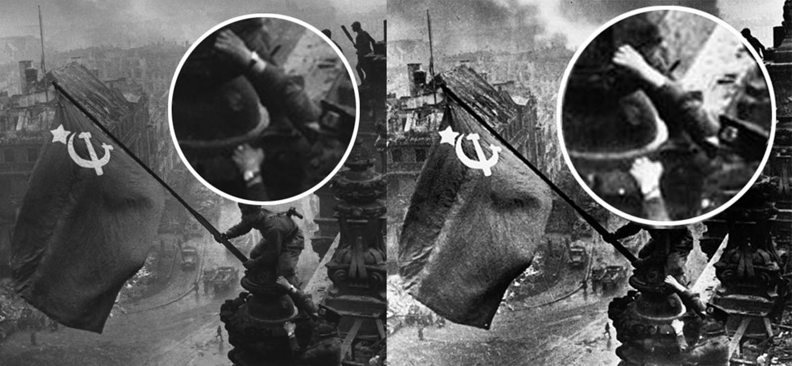 The original photo (left) was altered (right) by editing the watch on the soldier's right wrist.