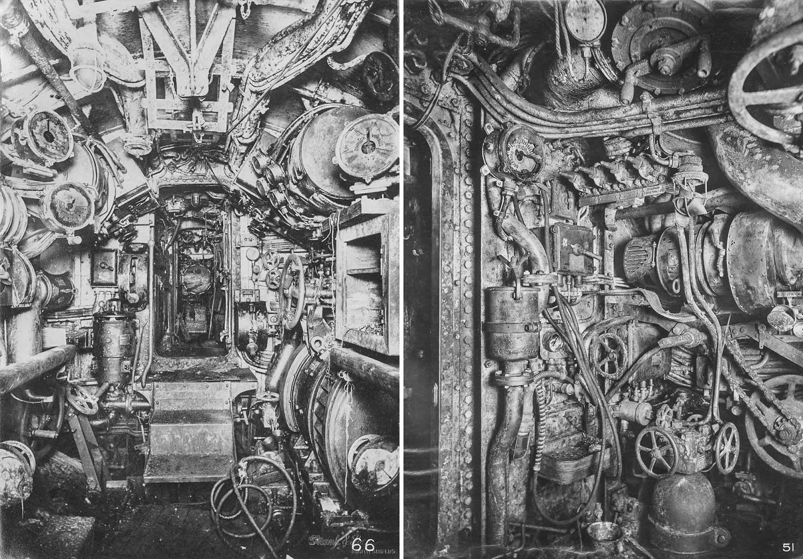 (Left) Electric control room, looking aft to motor room and stern torpedo room. (Right) Engine room, looking forward on starboard side.