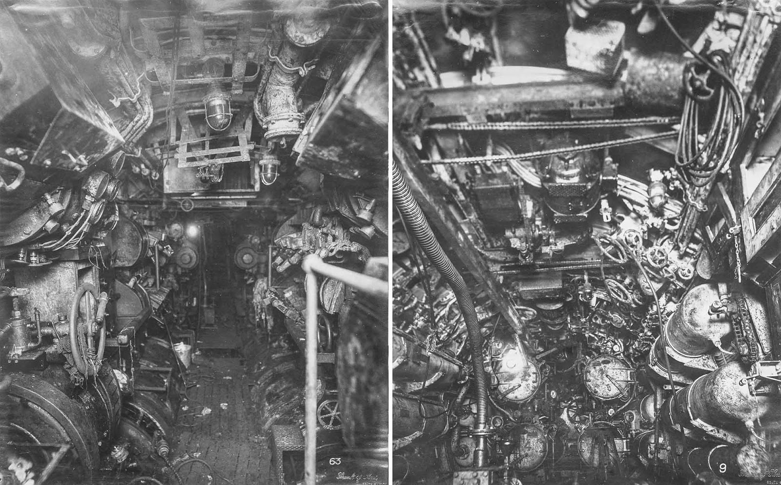 (Left) Electric control room, looking forward. (Right) Forward torpedo room.