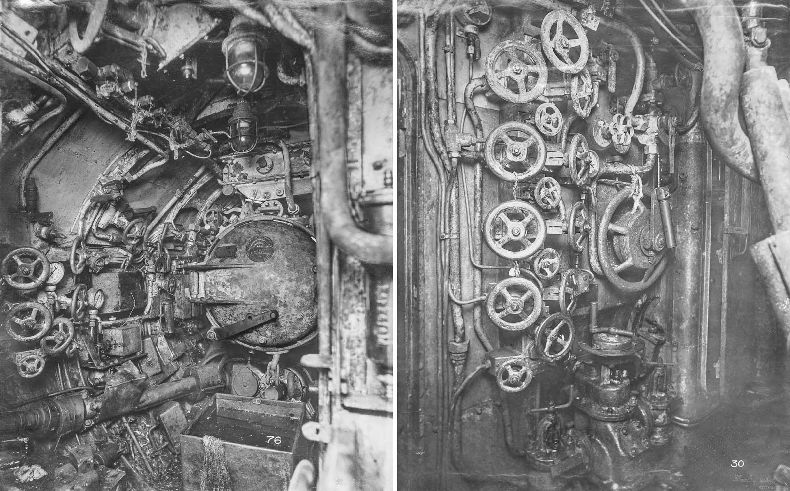 (Left) Aft torpedo room. (Right) Control room looking forward to port. Wheels to control air temperature and pressure are visible.