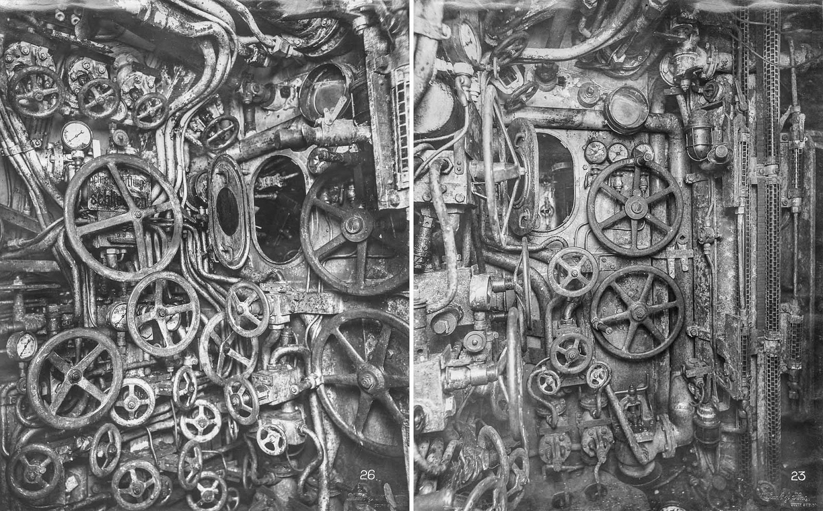 (Left) Control room looking aft, starboard side. The manhole to the periscope well and various valve wheels for flooding and blowing are visible. (Right) Control room looking aft. Wheels for raising and lowering the periscope are visible.