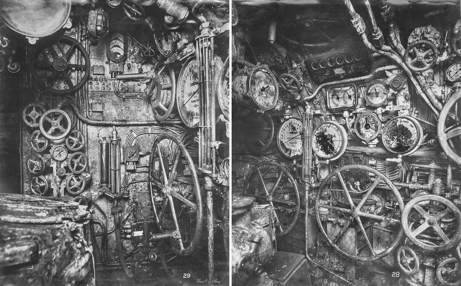 (Left) Control room looking forward. Hydroplane gear, depth and fuel gauges are visible, (Right) Control room looking forward. The depth gauge, engine telegraphs, wheels for flooding and blowing, and hydroplane controls are visible.
