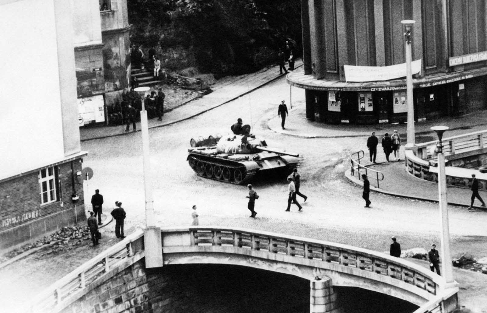 A photo taken in Trutnov, Czechoslovakia, during a confrontation between demonstrators and the Warsaw Pact troops and tanks, which invaded the country in August of 1968.