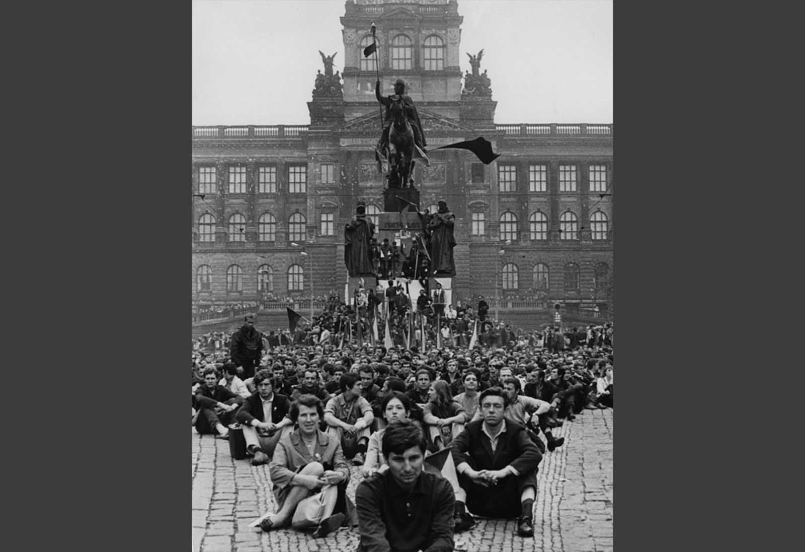 Thousands of protesters sit in Wenceslas Square, in downtown Prague, on August 24, 1968, demonstrating against the Soviet invasion.