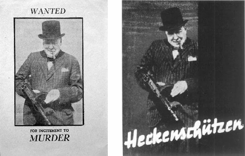 Nazi Leaflet (left), Nazi poster with Churchill with the German text,