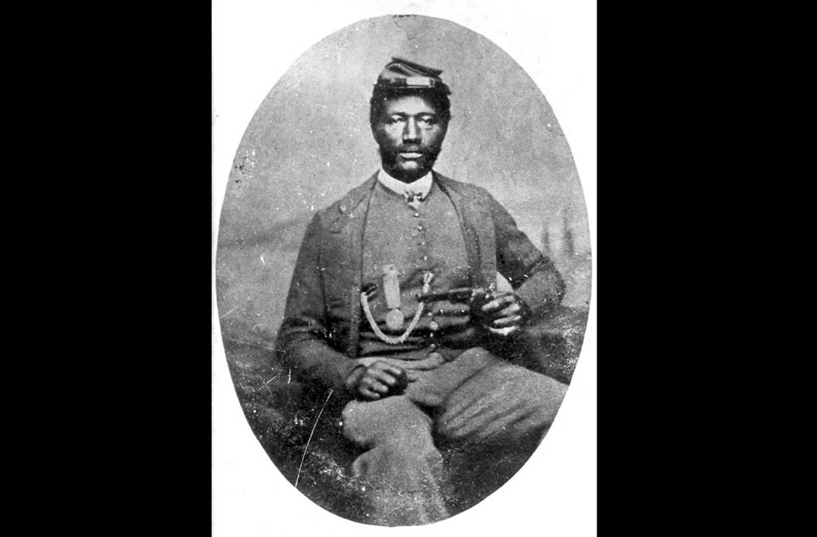 Sgt. James H. Harris, a Marylander and member of Company B, Thirty-eight Fifth U.S. Colored Troops, in a photograph taken between 1864-1898. Harris was one of 23 black Union soldiers, who served with such distinction during the Civil War that he received the Medal of Honor.