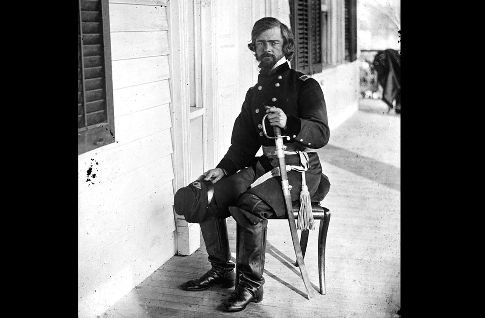 Union General Isaac I. Stevens, seated on a porch in March of 1862, near Beaufort, South Carolina. Stevens, formerly the first governor of Washington Territory, was killed in action at the Battle of Chantilly on September 1, 1862 after picking up the fallen regimental colors of his old regiment, shouting