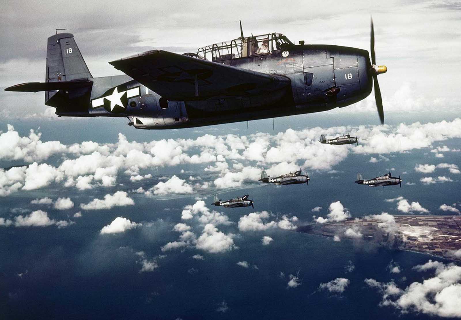 apanese-held Wake Island under attack by U.S. carrier-based planes in November 1943