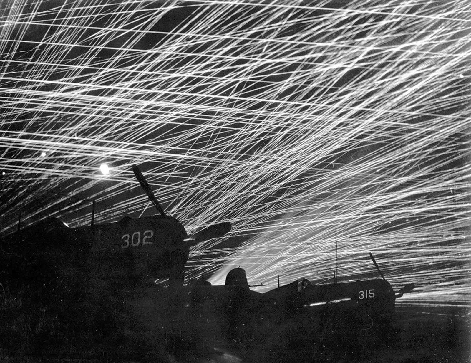 During a Japanese air raid on Yonton Airfield, Okinawa, Japan on April 28, 1945, the corsairs of the