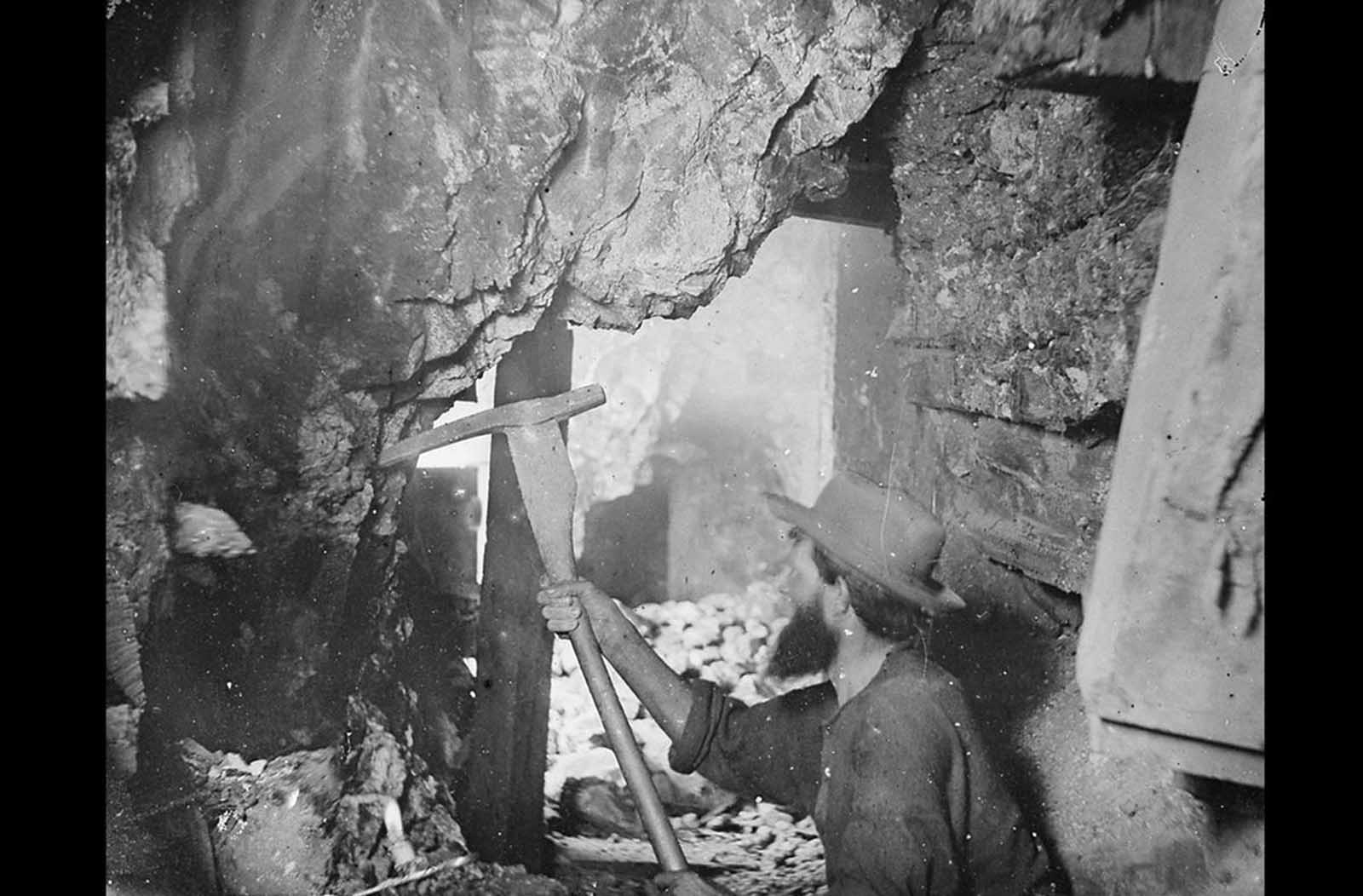 In 1867, O'Sullivan traveled to Virginia City, Nevada to document the activities at the Savage and the Gould and Curry mines on the Comstock Lode, the richest silver deposit in America. Working nine hundred feet underground, lit by an improvised flash -- a burning magnesium wire, O'Sullivan photographed the miners in tunnels, shafts, and lifts.