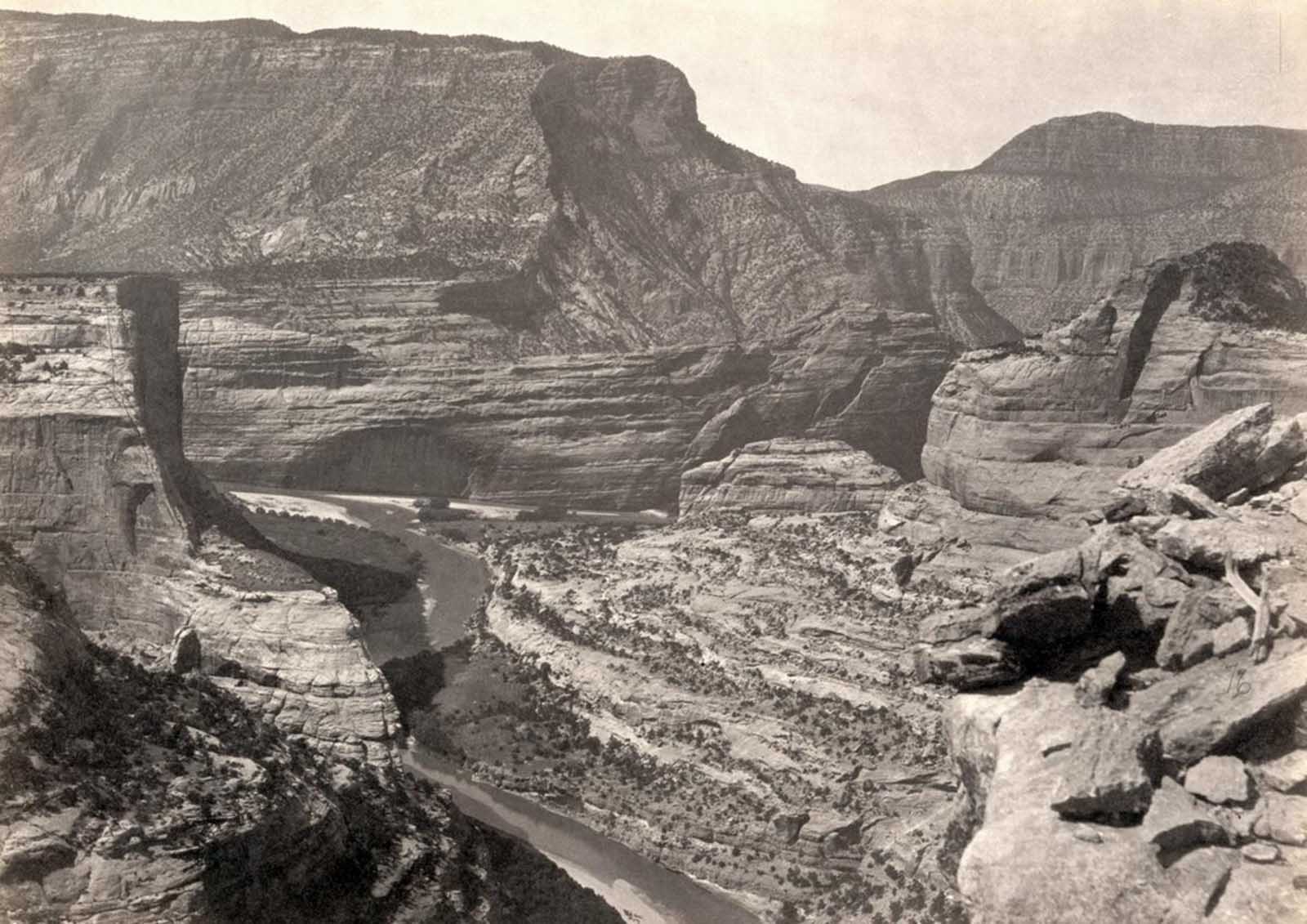 The junction of Green and Yampah Canyons, in Utah, in 1872.