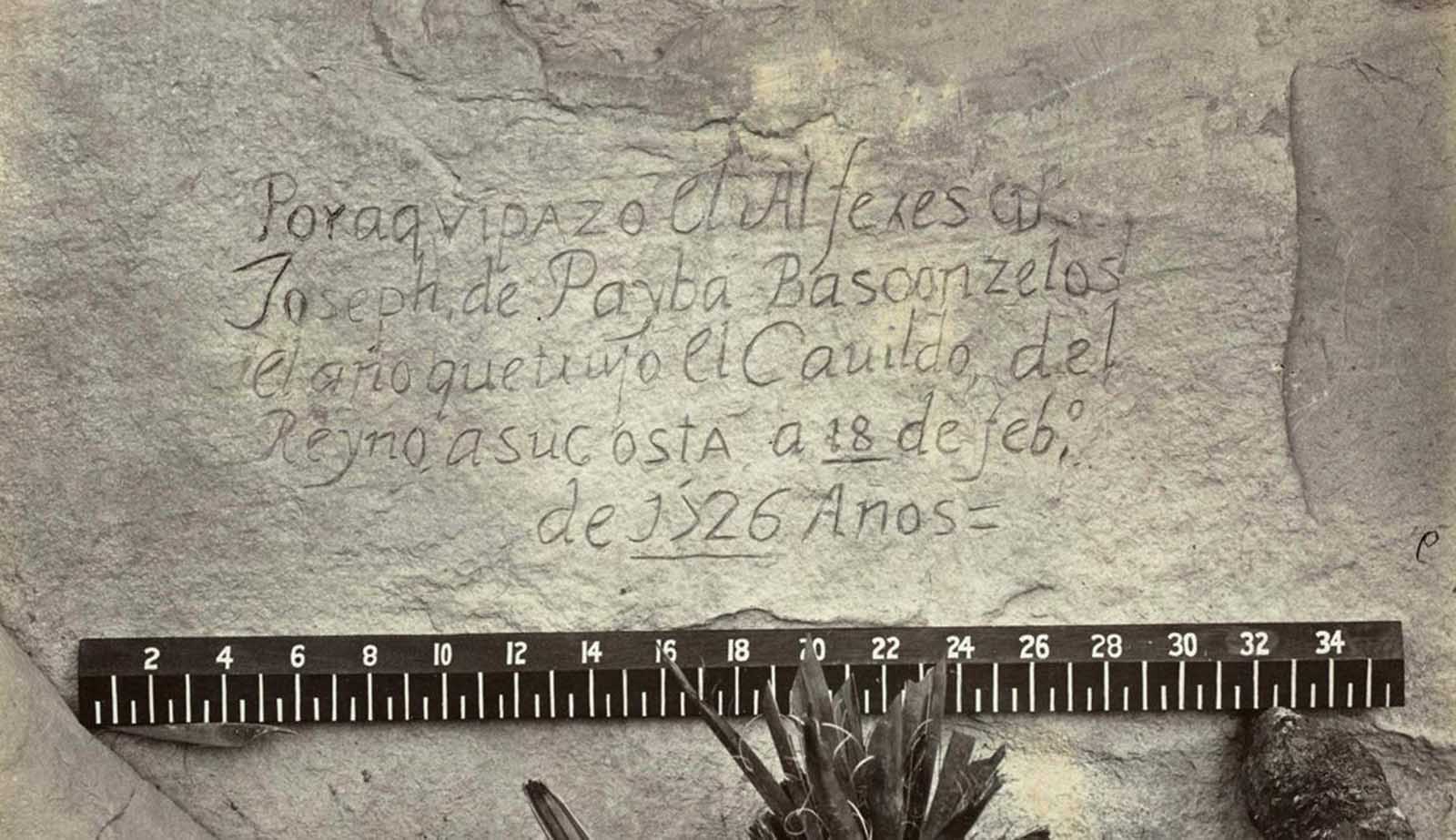 Nearly 150 years ago, photographer O'Sullivan came across this evidence of a visitor to the West that preceded his own expedition by another 150 years -- A Spanish inscription from 1726. This close-up view of the inscription carved in the sandstone at Inscription Rock (El Morro National Monument), New Mexico reads, in English:
