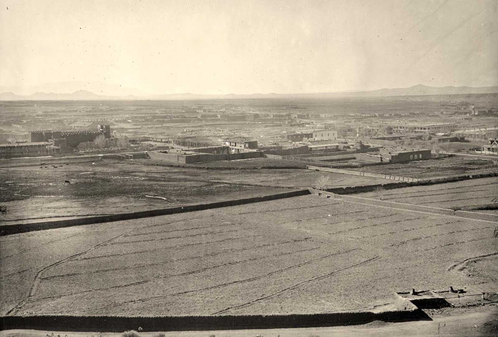 A distant view of Santa Fe, New Mexico in 1873.