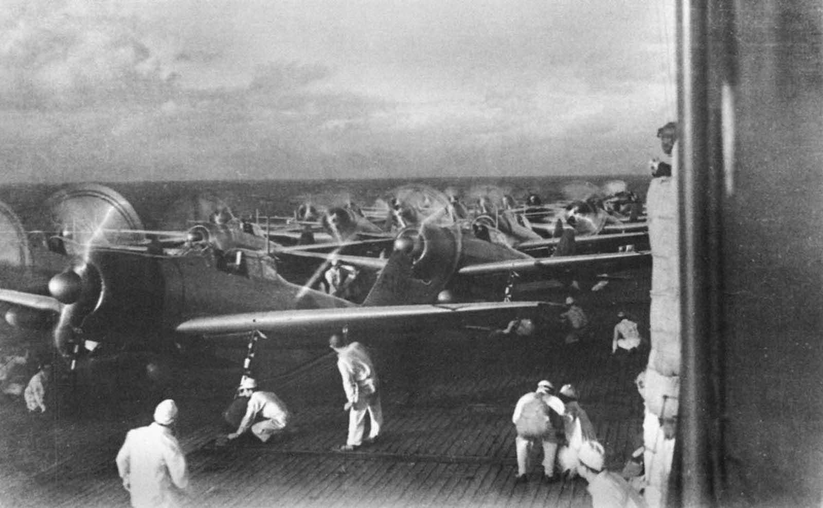 Aircraft prepare to launch from the Imperial Japanese Navy aircraft carrier Akagi during the December 7, 1941 attack on Pearl Harbor, Hawaii.