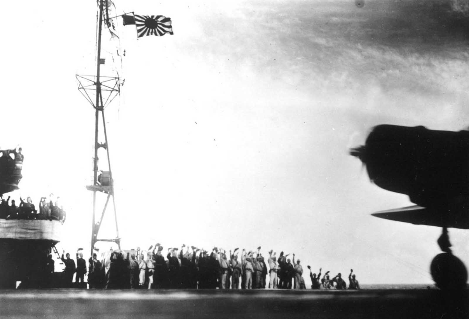 This photograph, from a Japanese film later captured by American forces, was taken aboard the Japanese aircraft carrier Zuikaku, just as a Nakajima