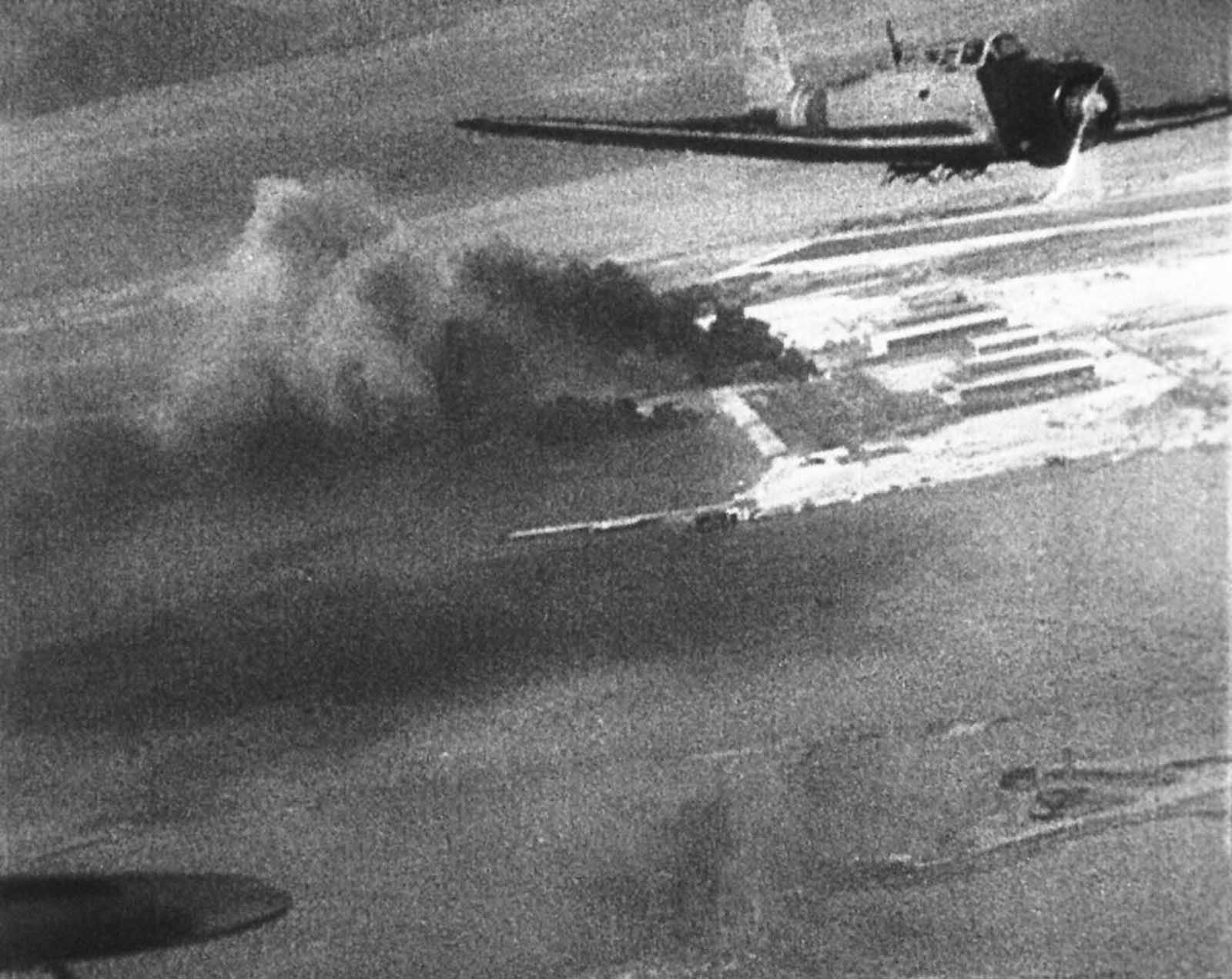 Japanese planes over Hawaii during the attack on Pearl Harbor are shown in this scene from a Japanese newsreel. The film was obtained by the U.S. War Department and later released to U.S. newsreels.