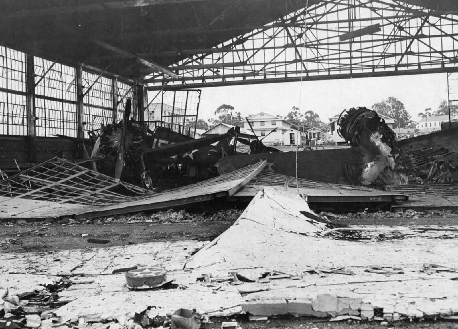 An interior shot of a destroyed aircraft hangar at Wheeler Field, in Hawaii, on December 11, 1941.