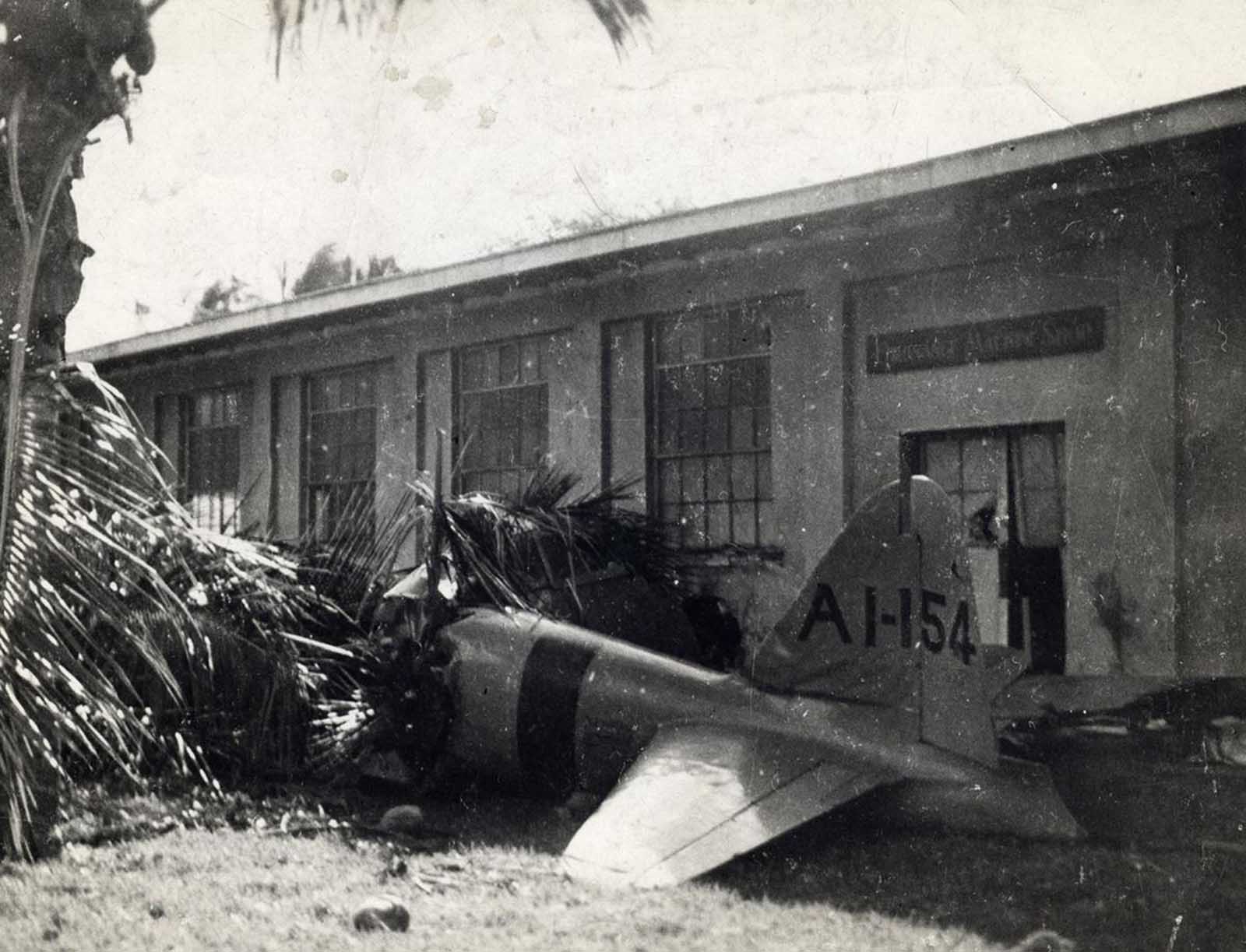 Wreckage of the first Japanese plane shot down during the attack on Pearl Harbor on December 7, 1941.
