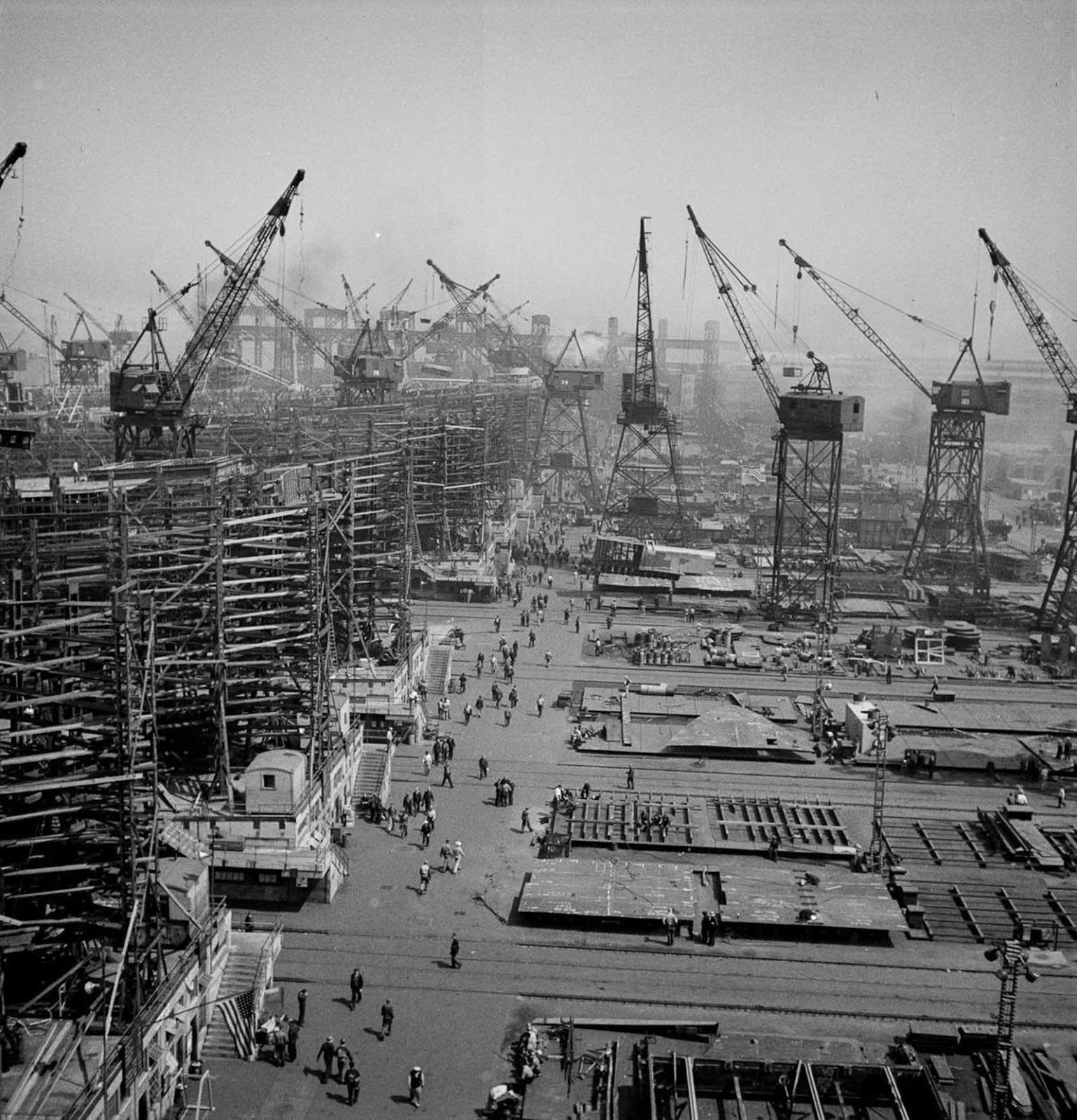 Liberty ships under construction.