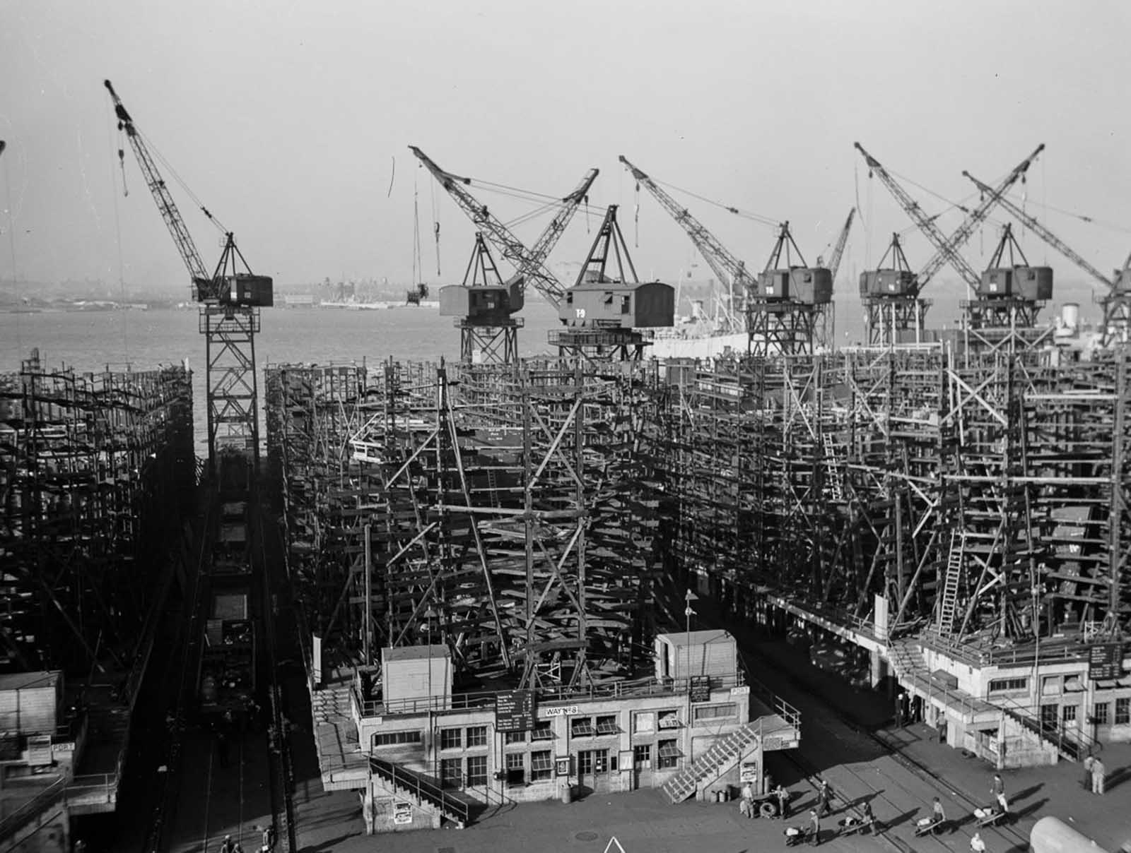 Way No. 8 of the shipyard, with the Frederick Douglass in the early stages of construction.