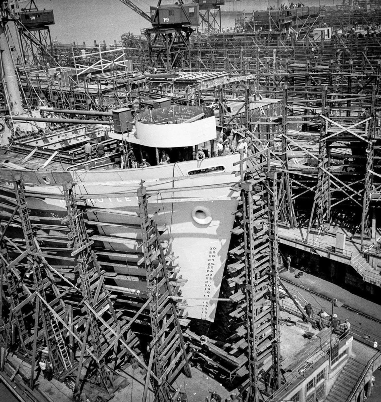 The bow of a nearly completed ship.