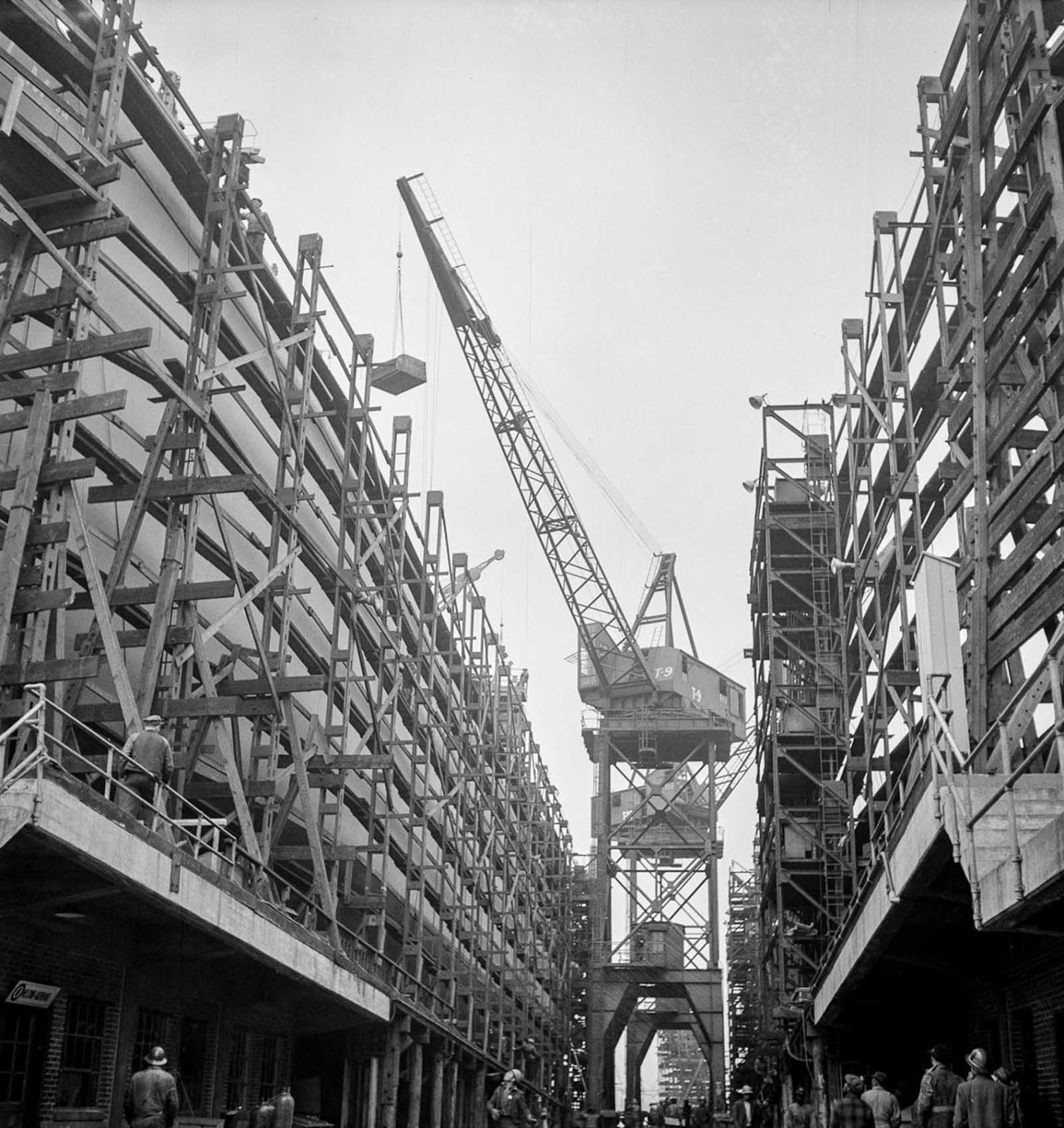 Liberty ships under construction.