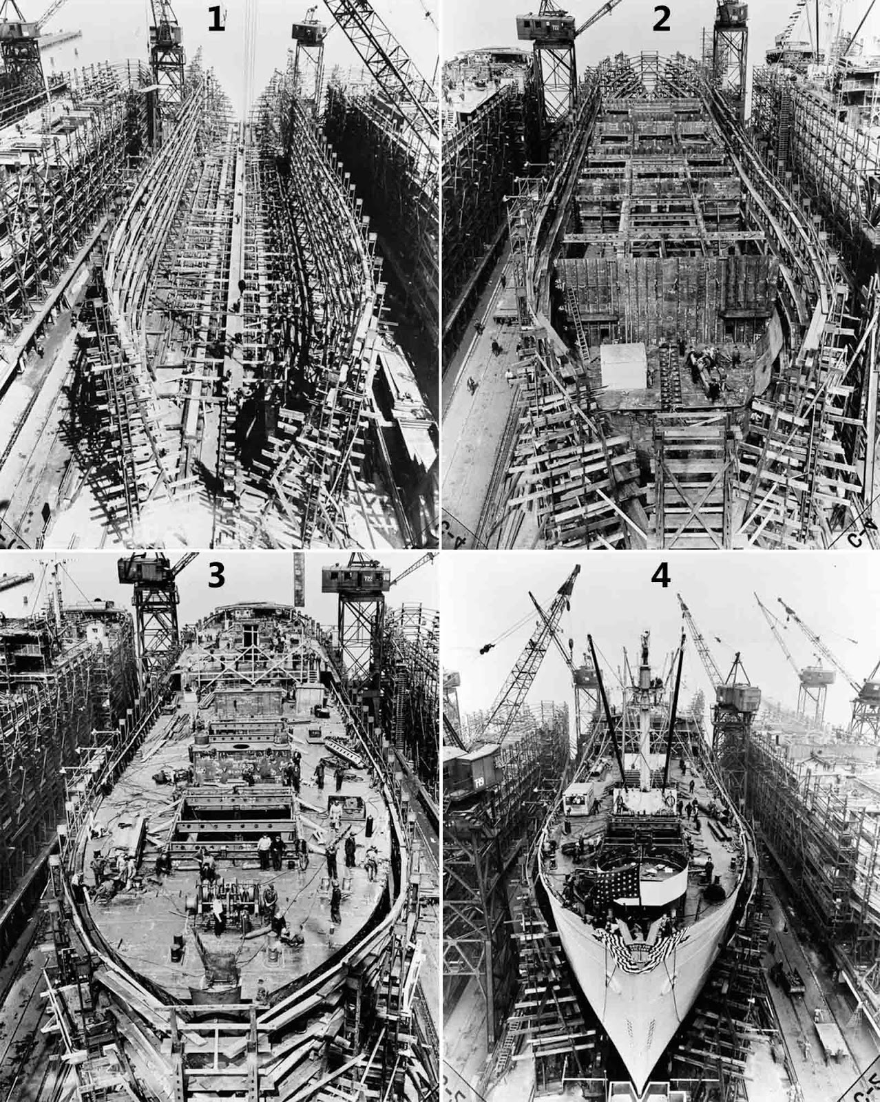 1) Day 2: Keel plates are laid. 2) Day 6 : Bulkheads and girders below second deck are in place. 3) Day 14: Upper deck is in place. 4) Day 24: Ship is ready for launch.