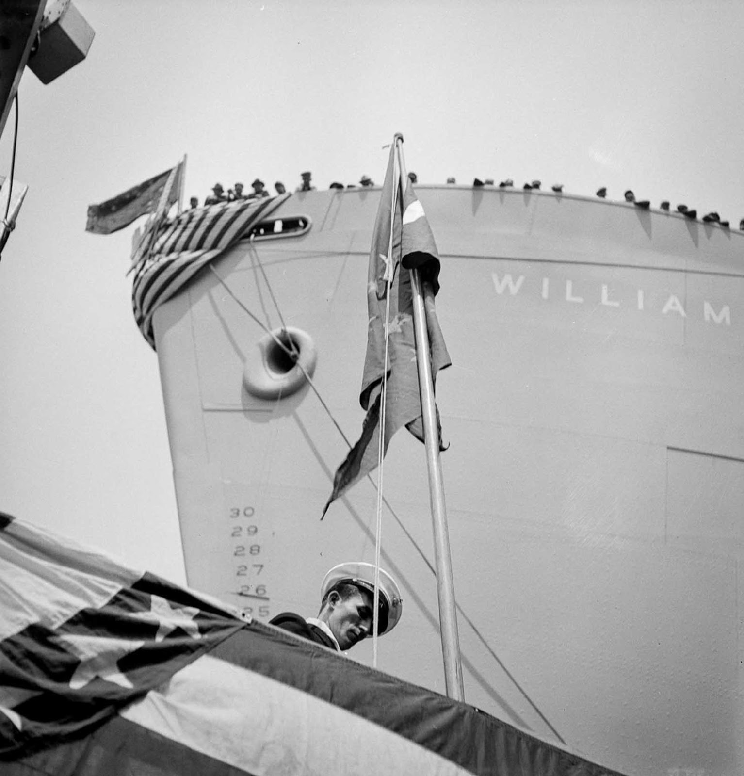 The bow of a vessel just before a launching party.