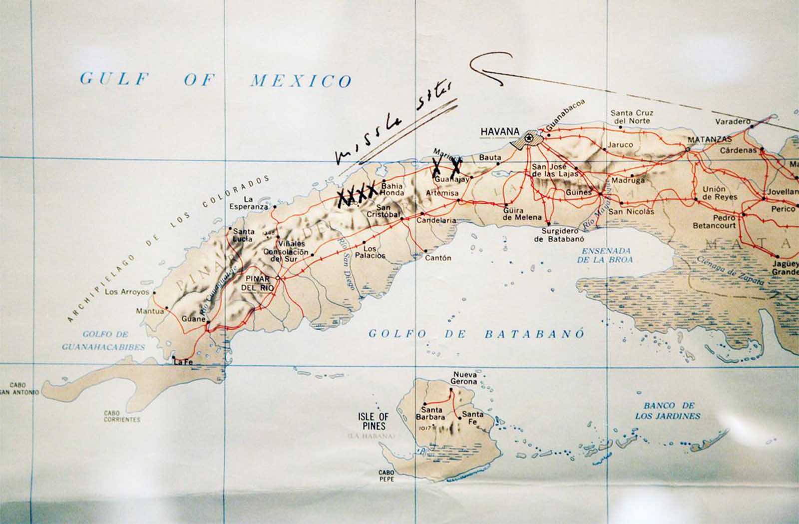 A map of Cuba annotated by former U.S. President John F. Kennedy, displayed for the first time at the John F. Kennedy Library in Boston, Massachusetts, on July 13, 2005. Former President Kennedy wrote