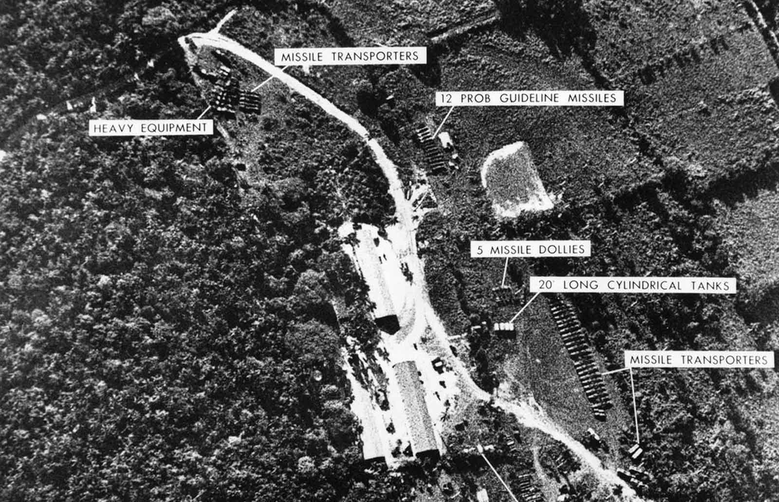 A photograph of a ballistic missile base in Cuba, used as evidence with which U.S. President John F. Kennedy ordered a naval blockade of Cuba during the Cuban missile crisis, on October 24, 1962.