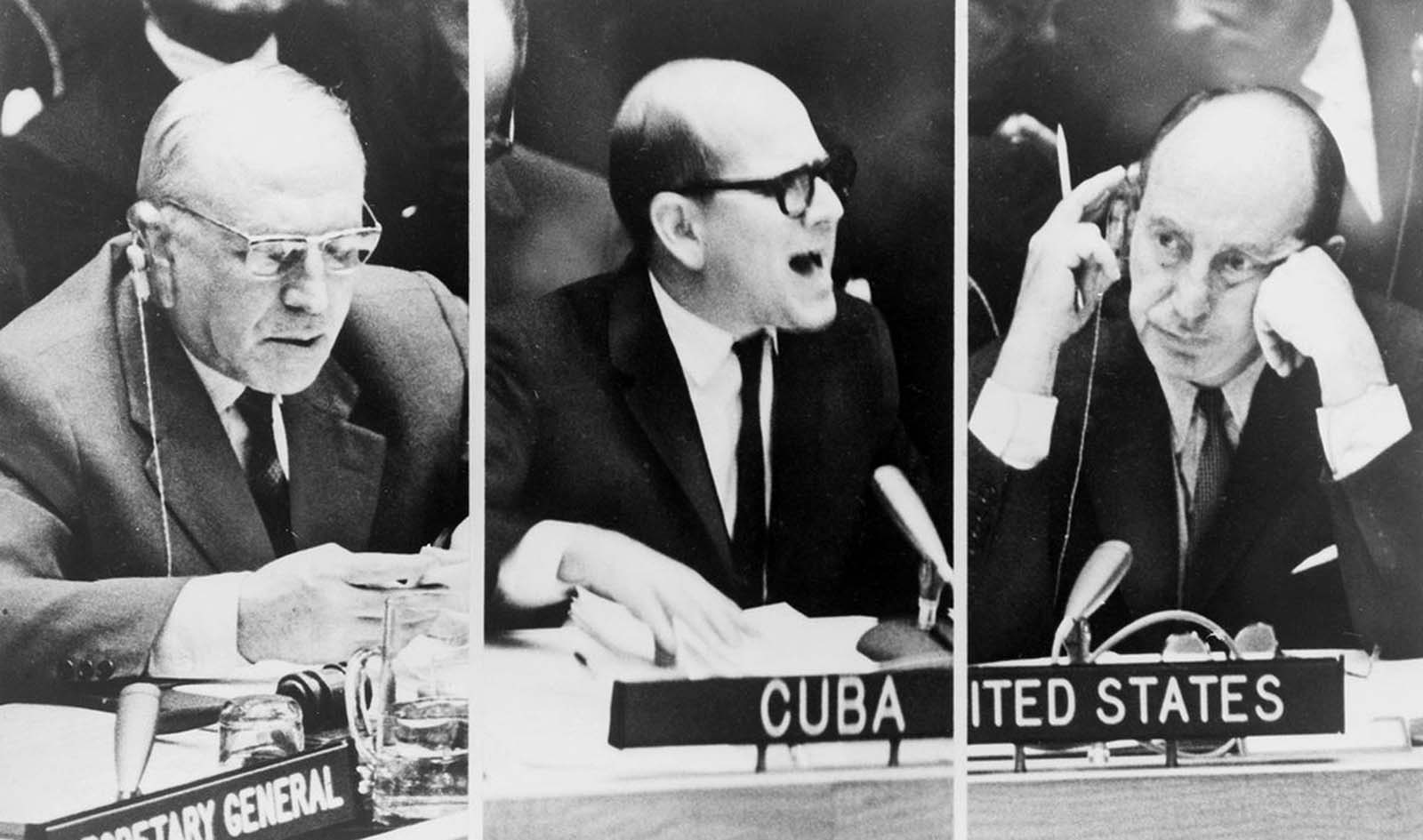A composite image of three photograph taken on October 23, 1962, during a United Nations Security Council meeting on the Cuban Missile Crisis. From left, Soviet foreign deputy minister Valerian A. Zorin; Cuba's Permanent Representative to the United Nations, Mario Garcia-Inchaustegui; and U.S. Ambassador Adlai Stevenson.