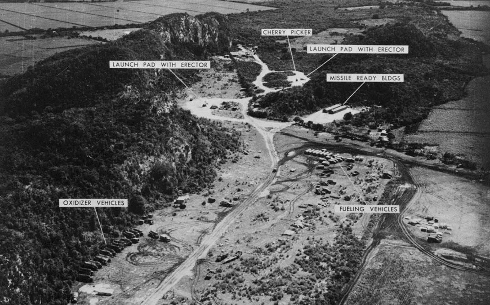 A low-level photograph taken November 1, 1962, of a Medium Range Ballistic Missile Site at Sagua La Grande, Cuba.