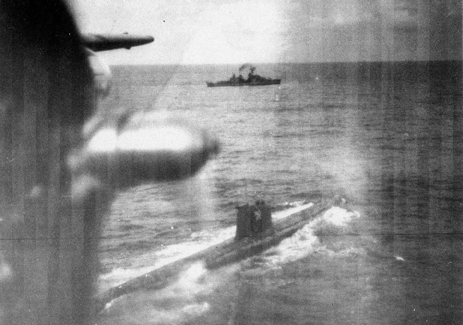 U.S. Navy surveillance of the first Soviet F-class submarine to surface near the Cuban quarantine line on October 25, 1962.