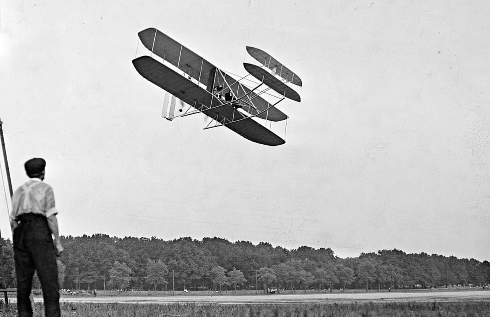 Orville Wright during proving flights for the U.S. Army at Fort Myer, Virginia, in July of 1909. The Wright brothers were able to sell their airplane to the Army's Aeronautical Division, U.S. Signal Corps