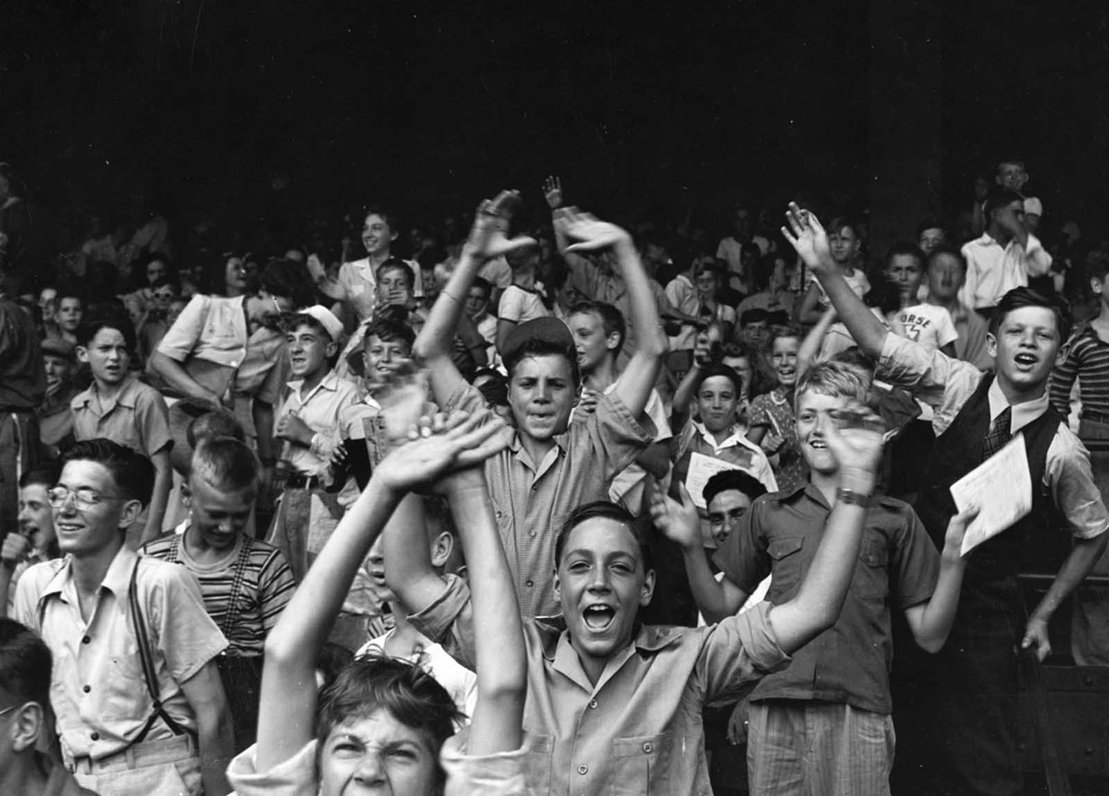 Kids at a ball game at Briggs Stadium, Detroit, August, 1942.