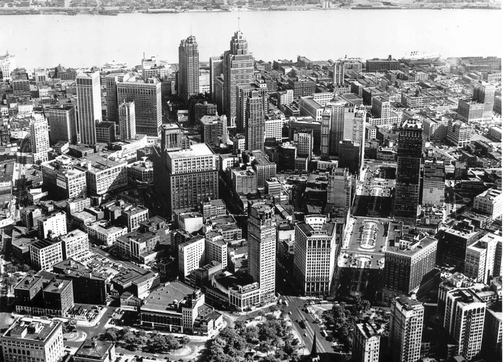 A view of Detroit, Michigan, taken by the Ford Motor Company's advertising blimp on July 15, 1947.