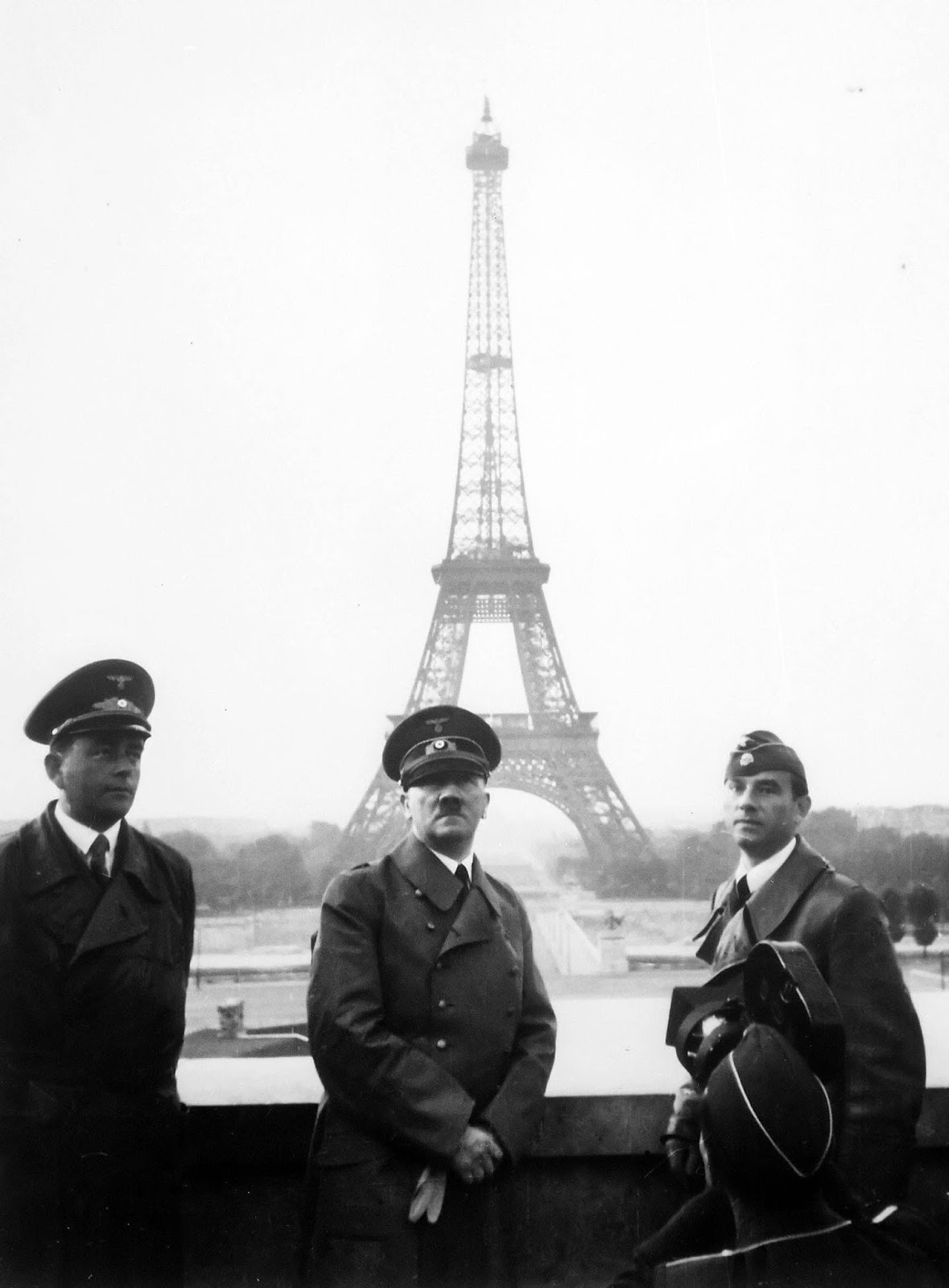 Adolf Hitler visits Paris with architect Albert Speer (left) and artist Arno Breker (right), June 23, 1940.