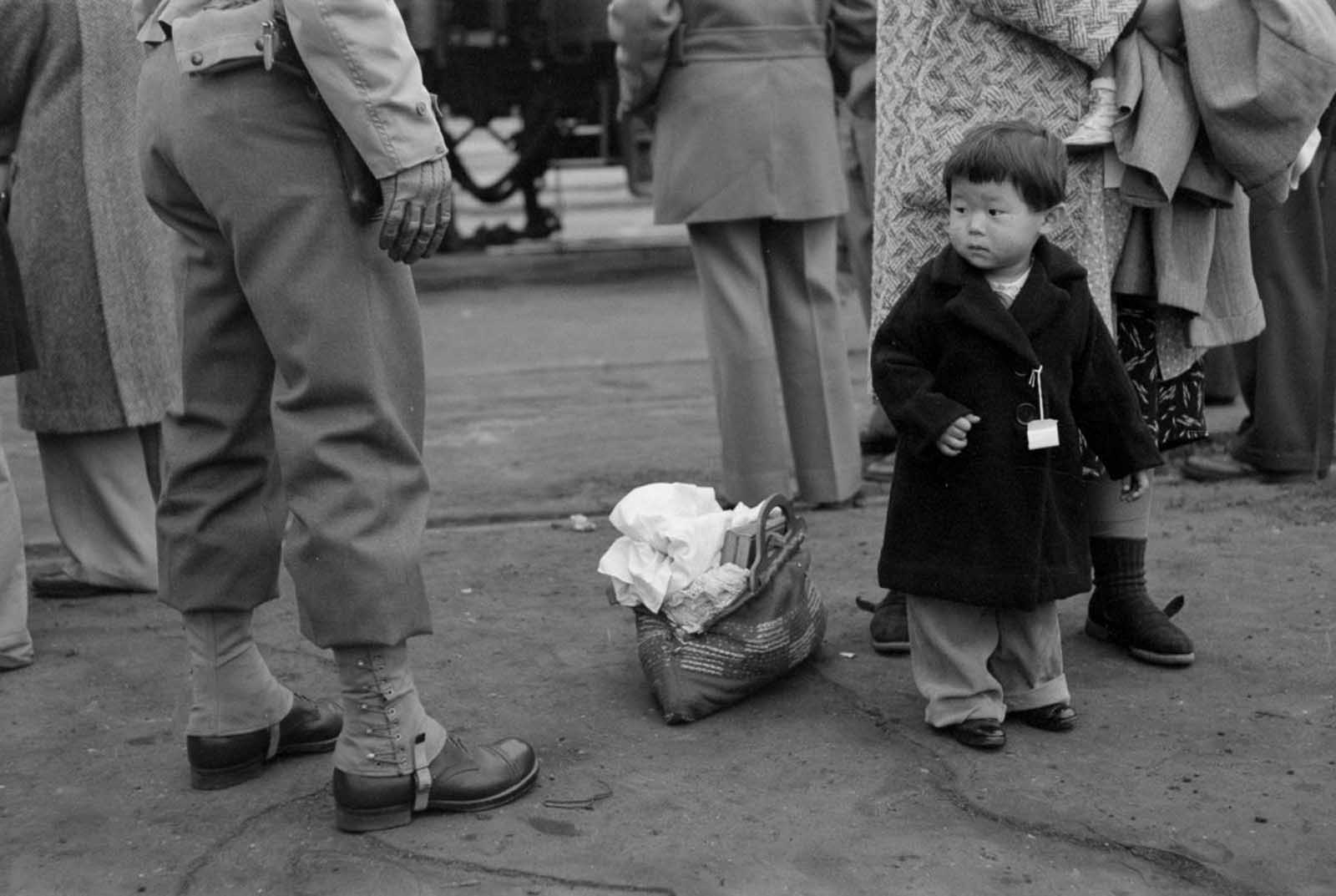 A child looks at a soldier as he assembles for evacuation with his family.