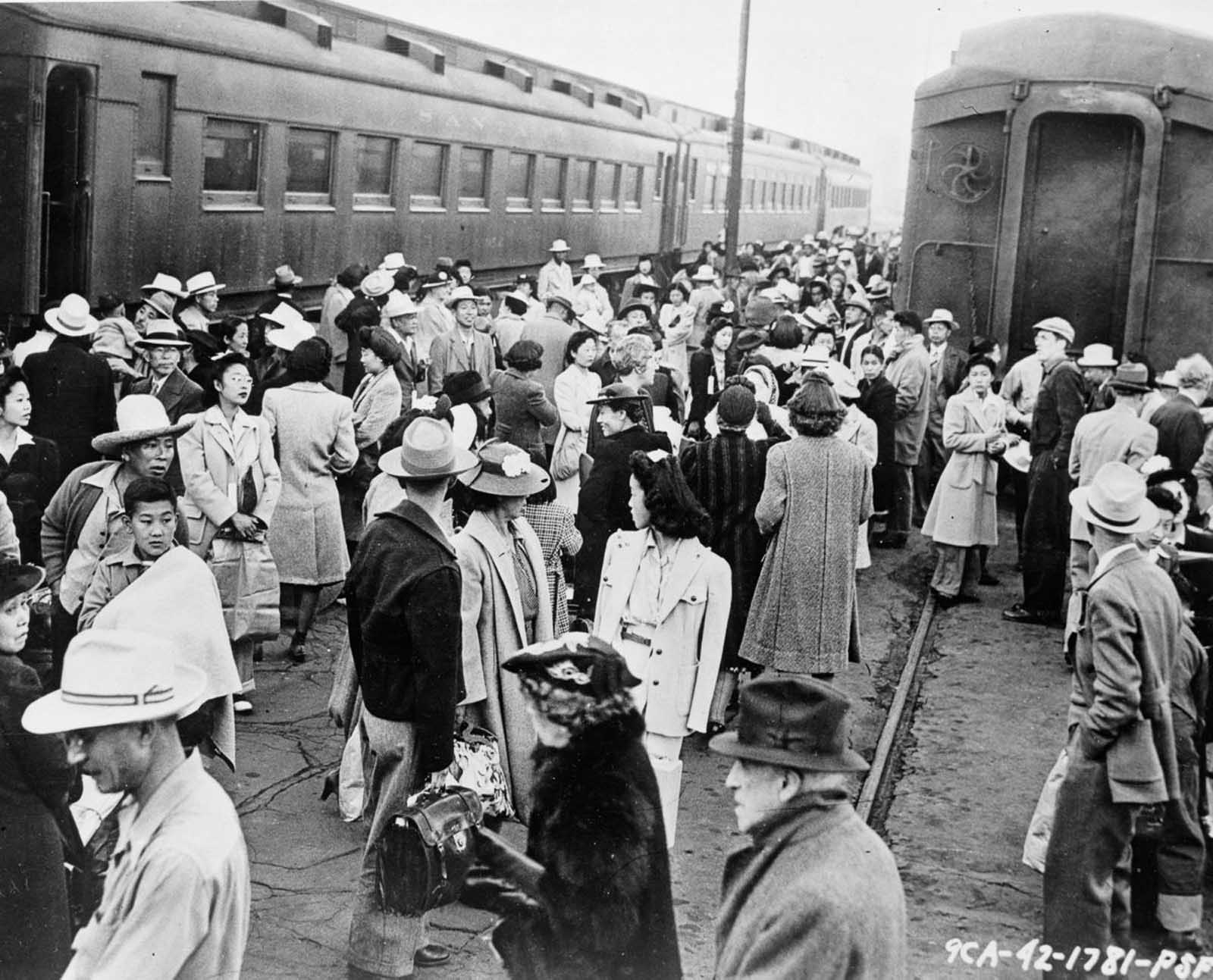 Evacuees assemble at a Los Angeles railroad station.
