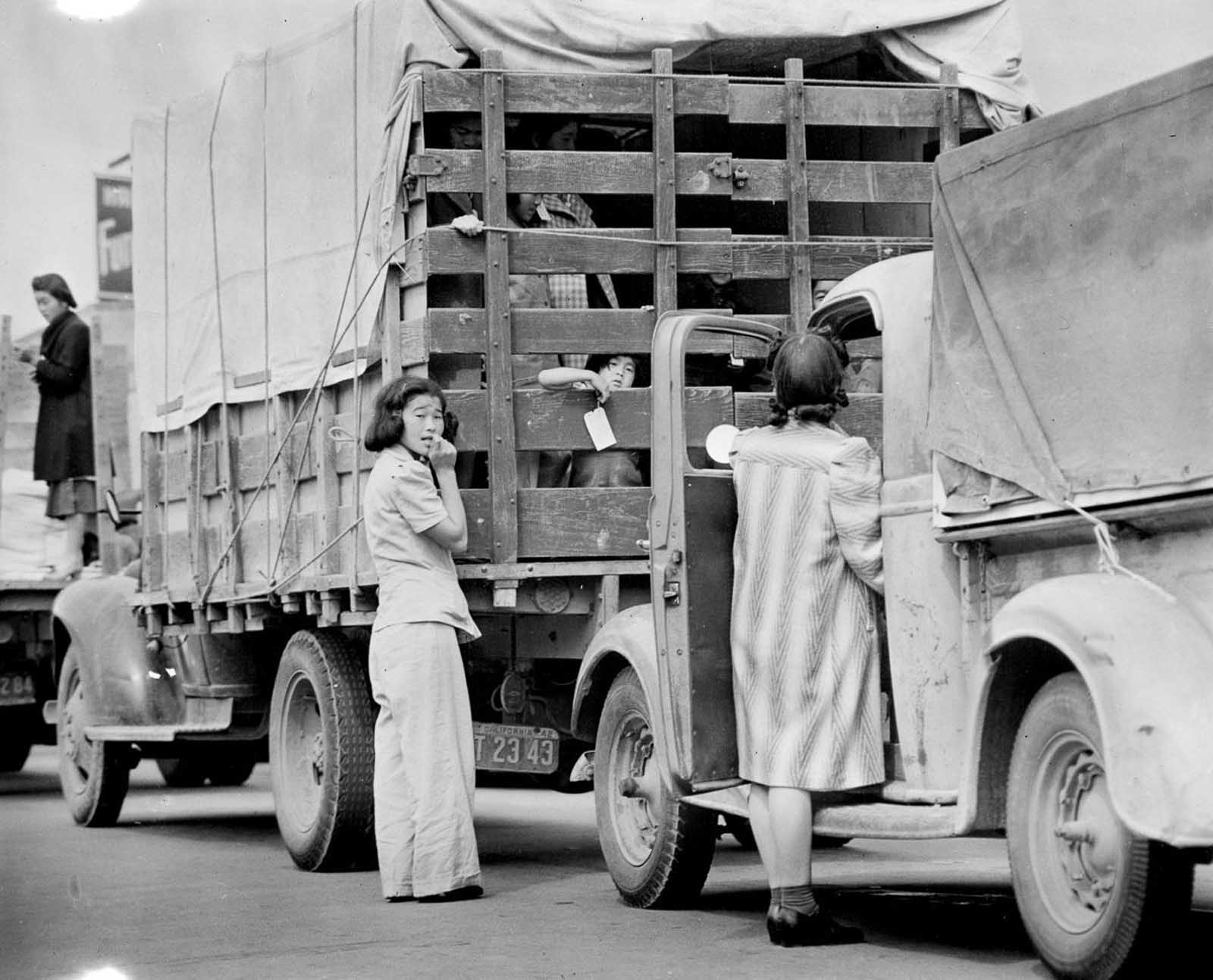 The last Japanese-American residents of Redondo Beach depart for relocation by truck.