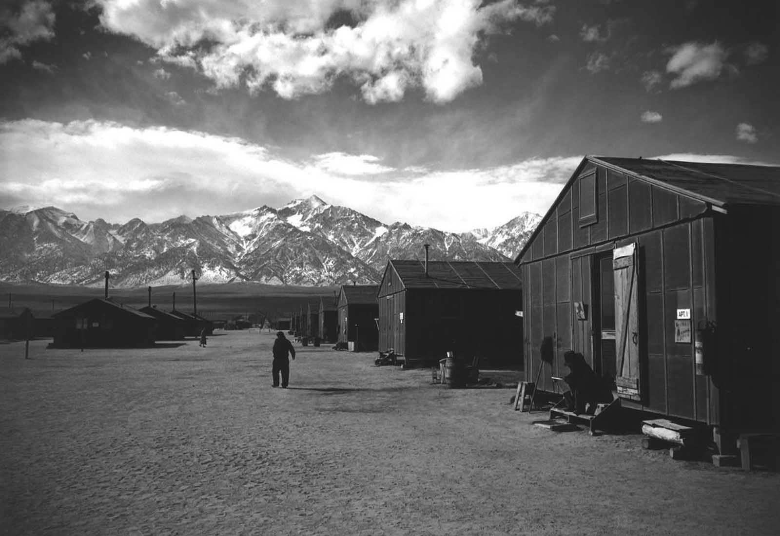 A street scene at the Manzanar Relocation Center, winter, 1943.