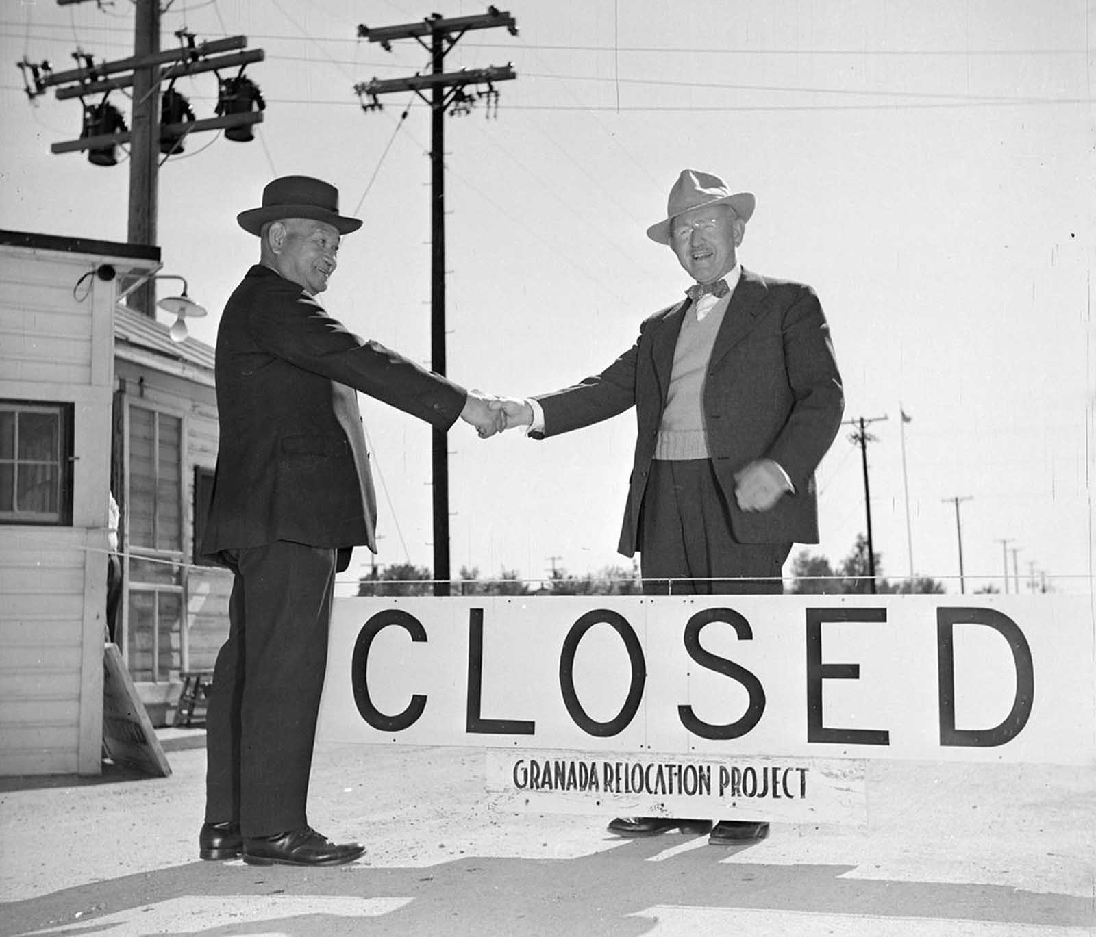 After the orders to relocate and detain persons of Japanese ancestry were rescinded, evacuees began returning home, and camps began to close. Here, Shuichi Yamamoto, the last evacuee to leave the Granada Relocation Center, in Amache, Colorado, says
