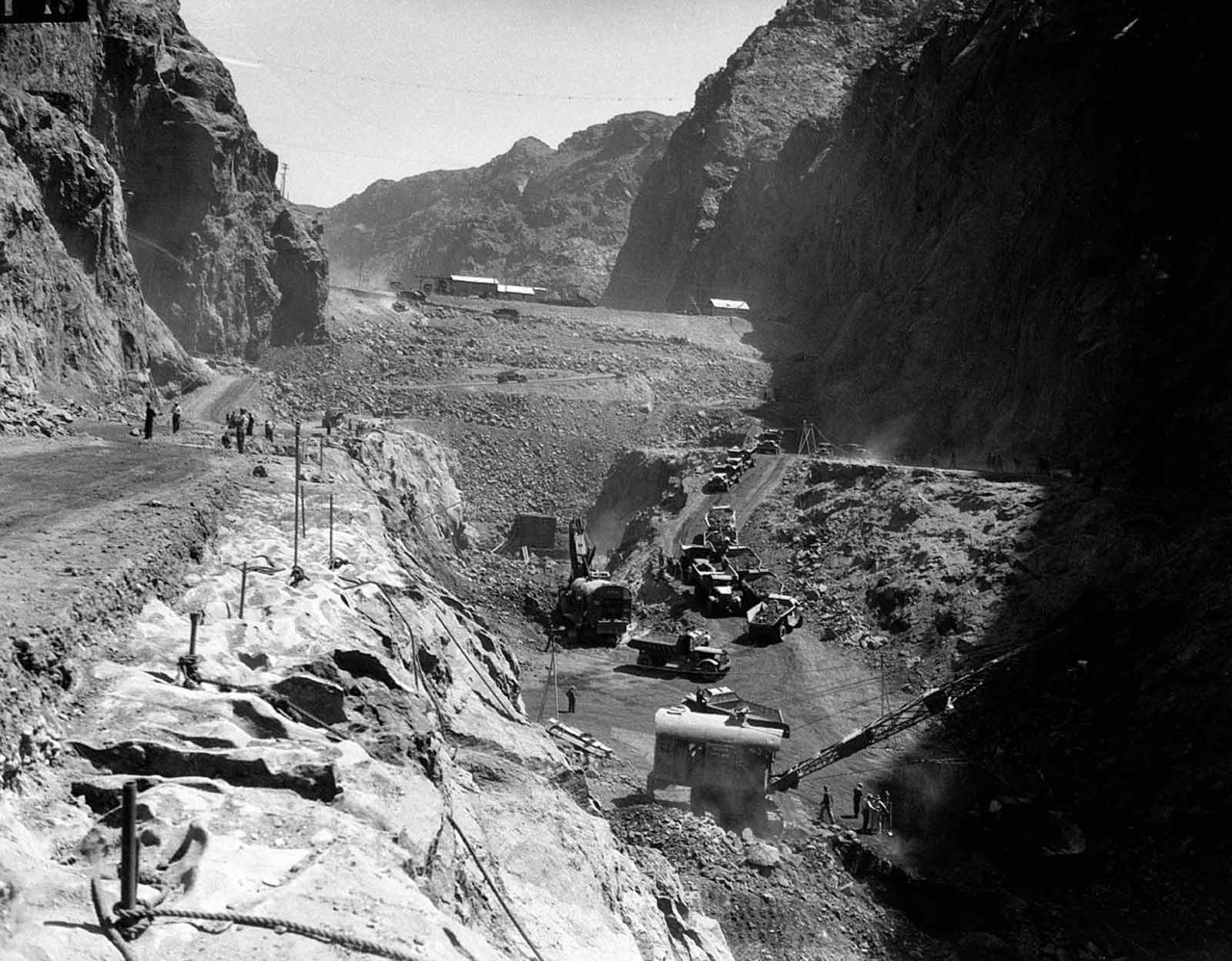 The cleared, underlying rock foundation of the dam site was reinforced with grout, called a grout curtain. Holes were driven into the walls and base of the canyon, as deep as 150 feet (46 m) into the rock, and any cavities encountered were to be filled with grout. This was done to stabilize the rock.