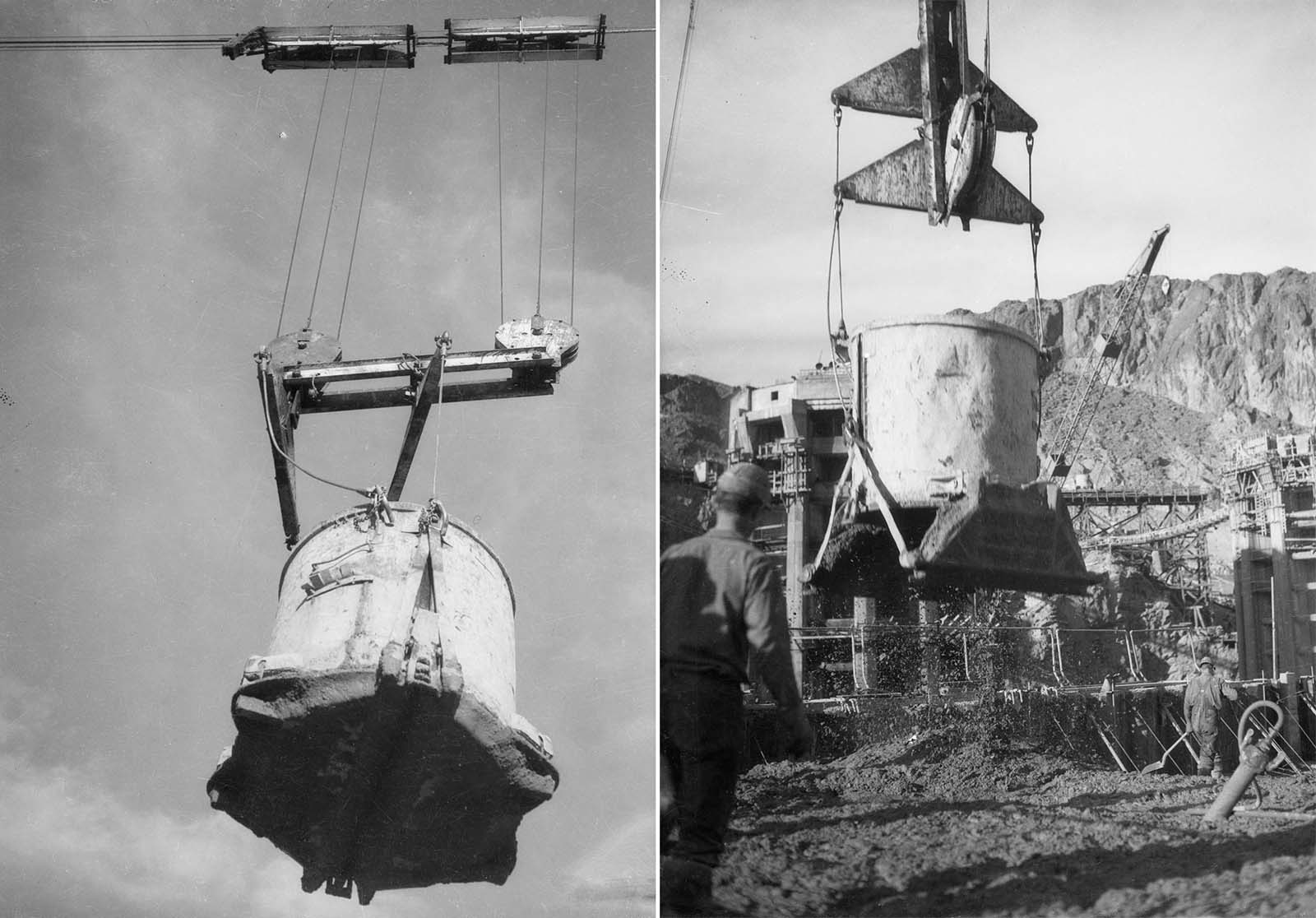 The concrete was delivered in huge steel buckets 7 feet high (2.1 m) and almost 7 feet in diameter.