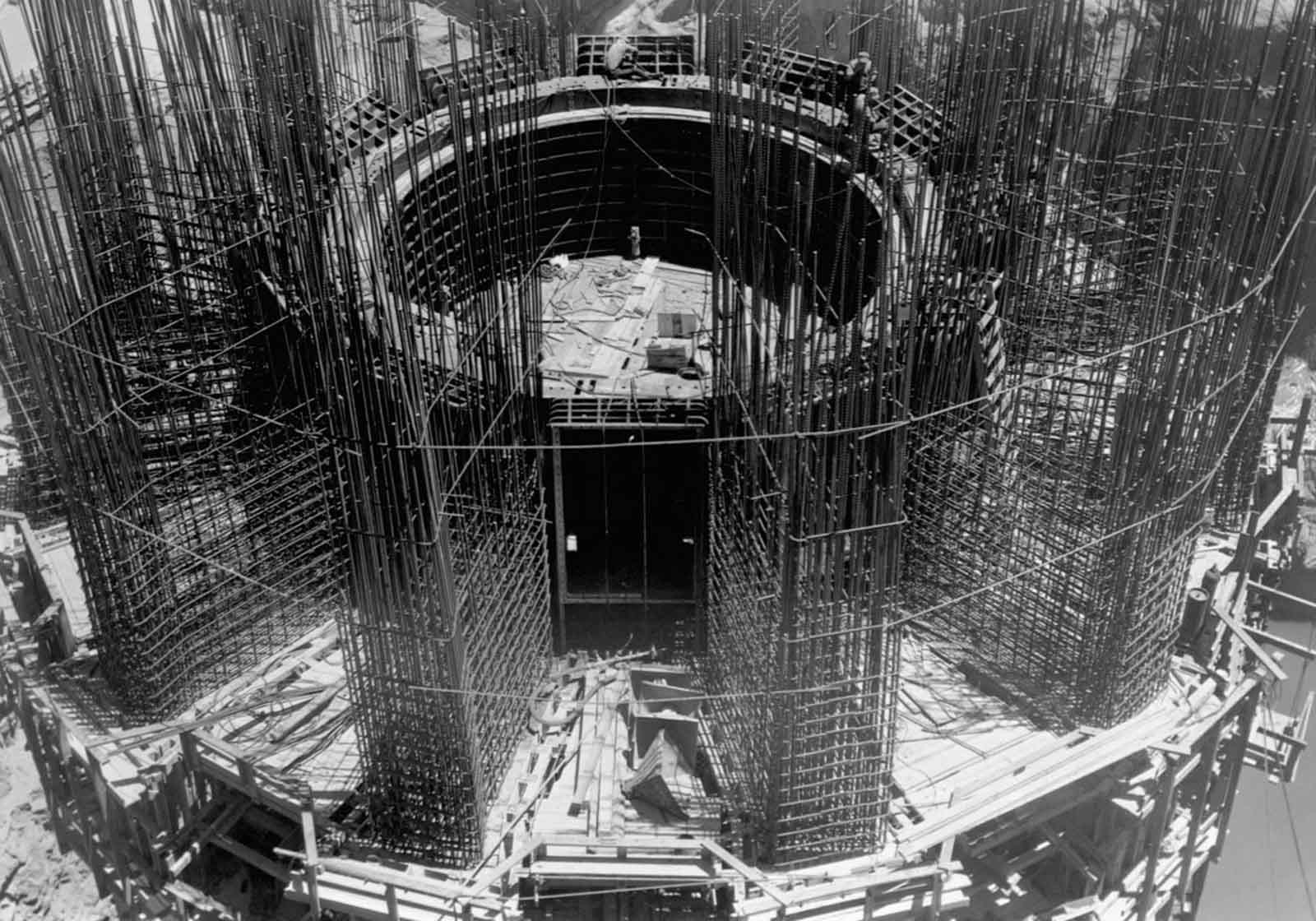 The base of one of the intake towers under construction. 1934.