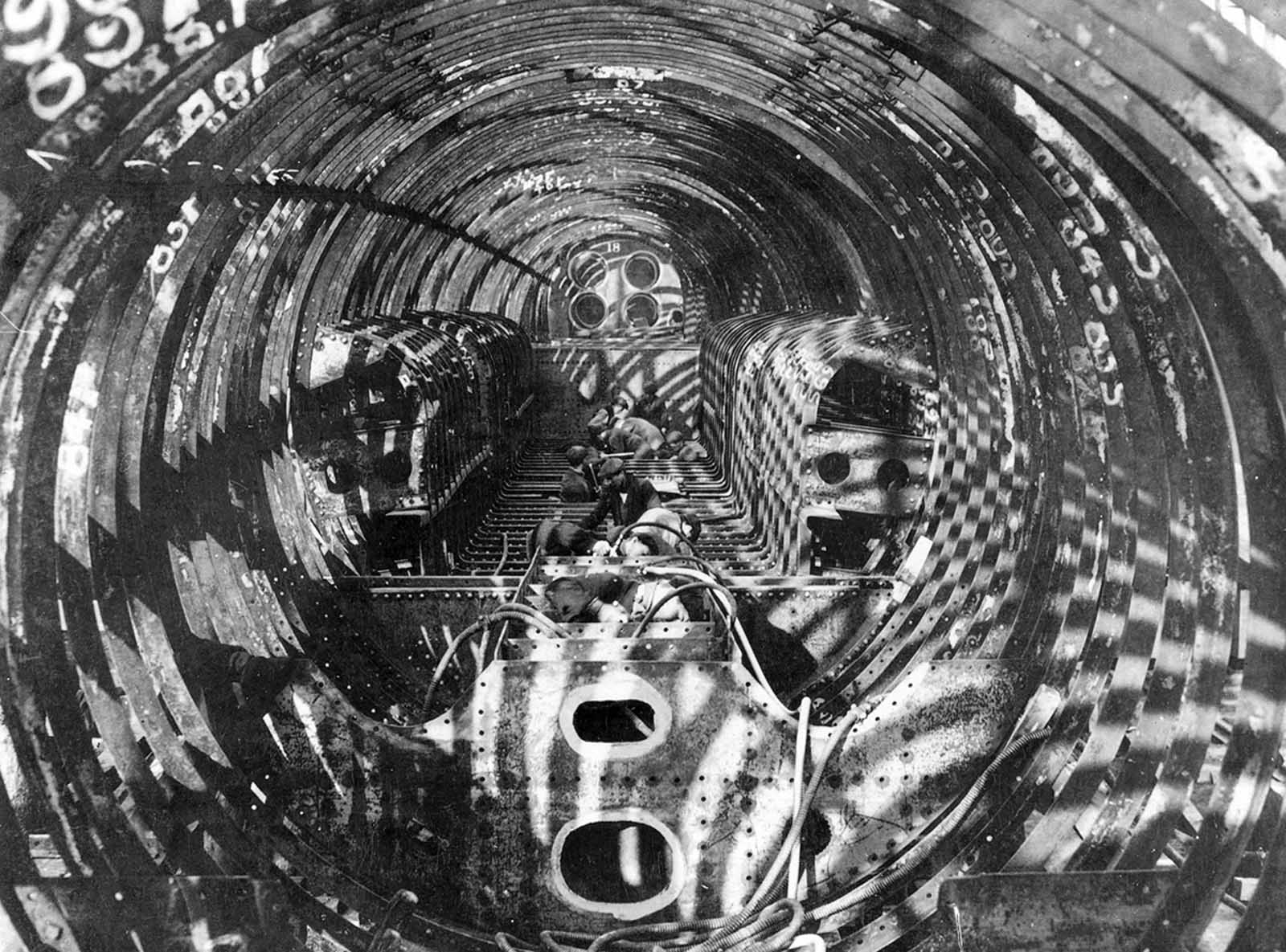 Interior view of a British Navy submarine under construction, Clyde and Newcastle.