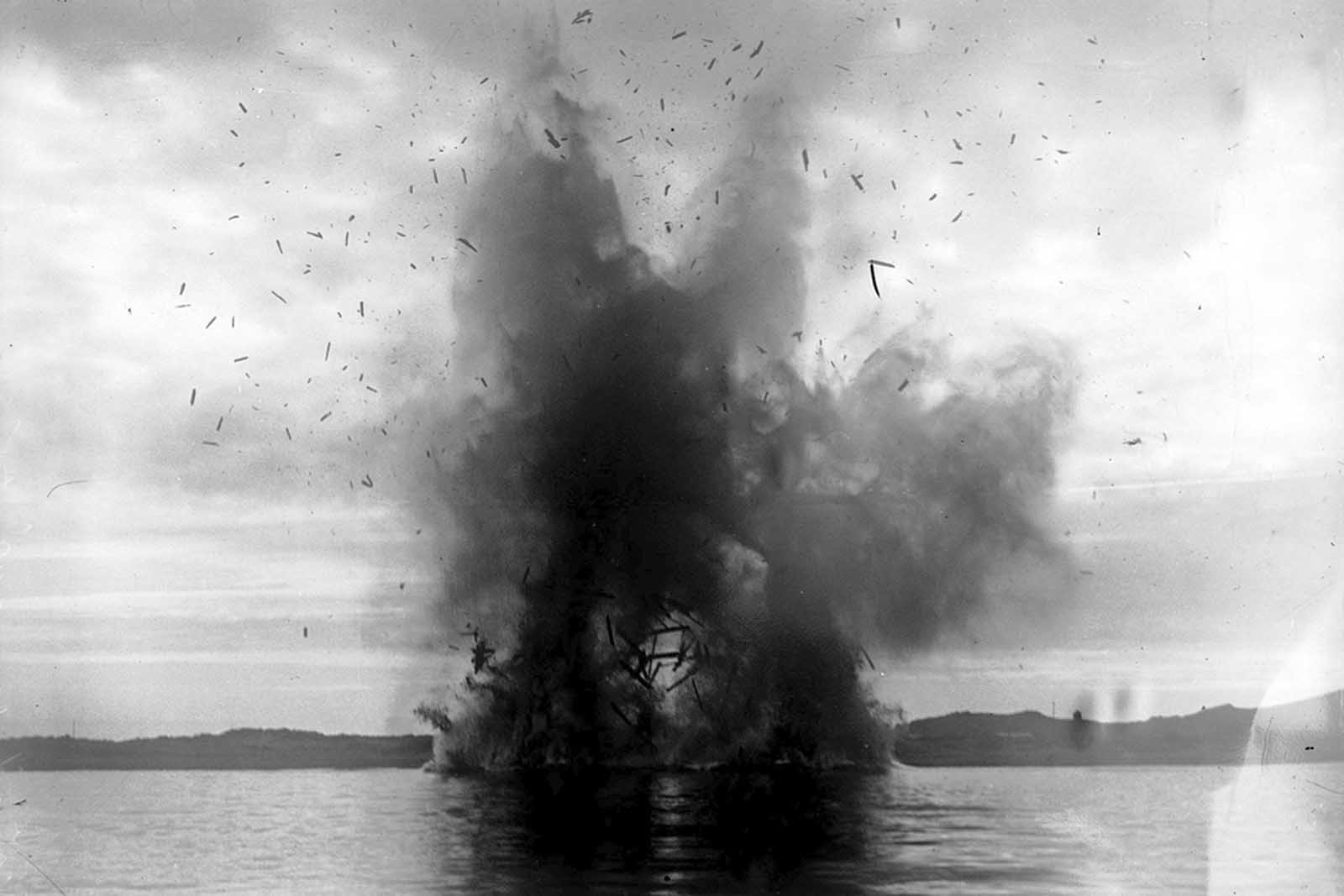 In the Dardanelles, the allied fleet blows up a disabled ship that interfered with navigation. 