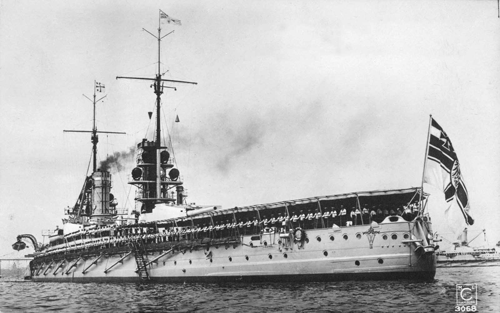 The German battleship SMS Kaiser on parade for Kaiser Wilhelm II at Kiel, Germany, circa 1911-14.