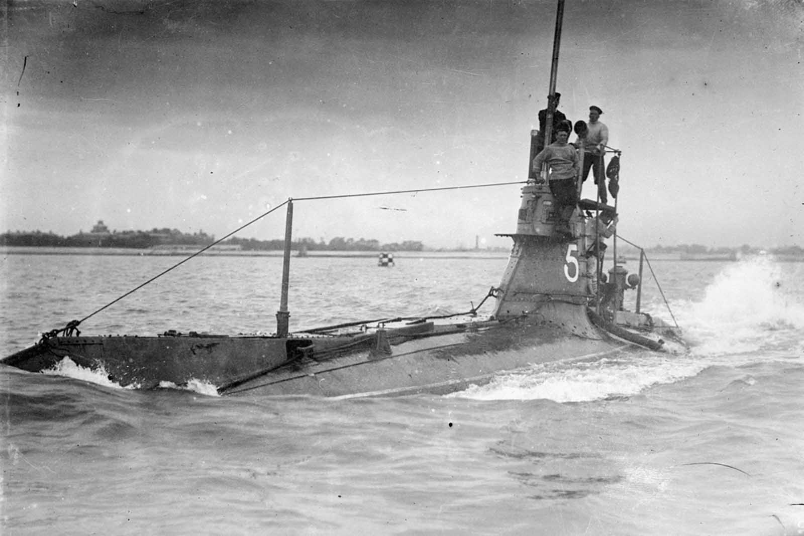 British submarine HMS A5. The A5 was part of the first British A-class of submarines, used in World War I for harbor defense. The A5, however, suffered an explosion only days after its commissioning in 1905, and did not participate in the war.