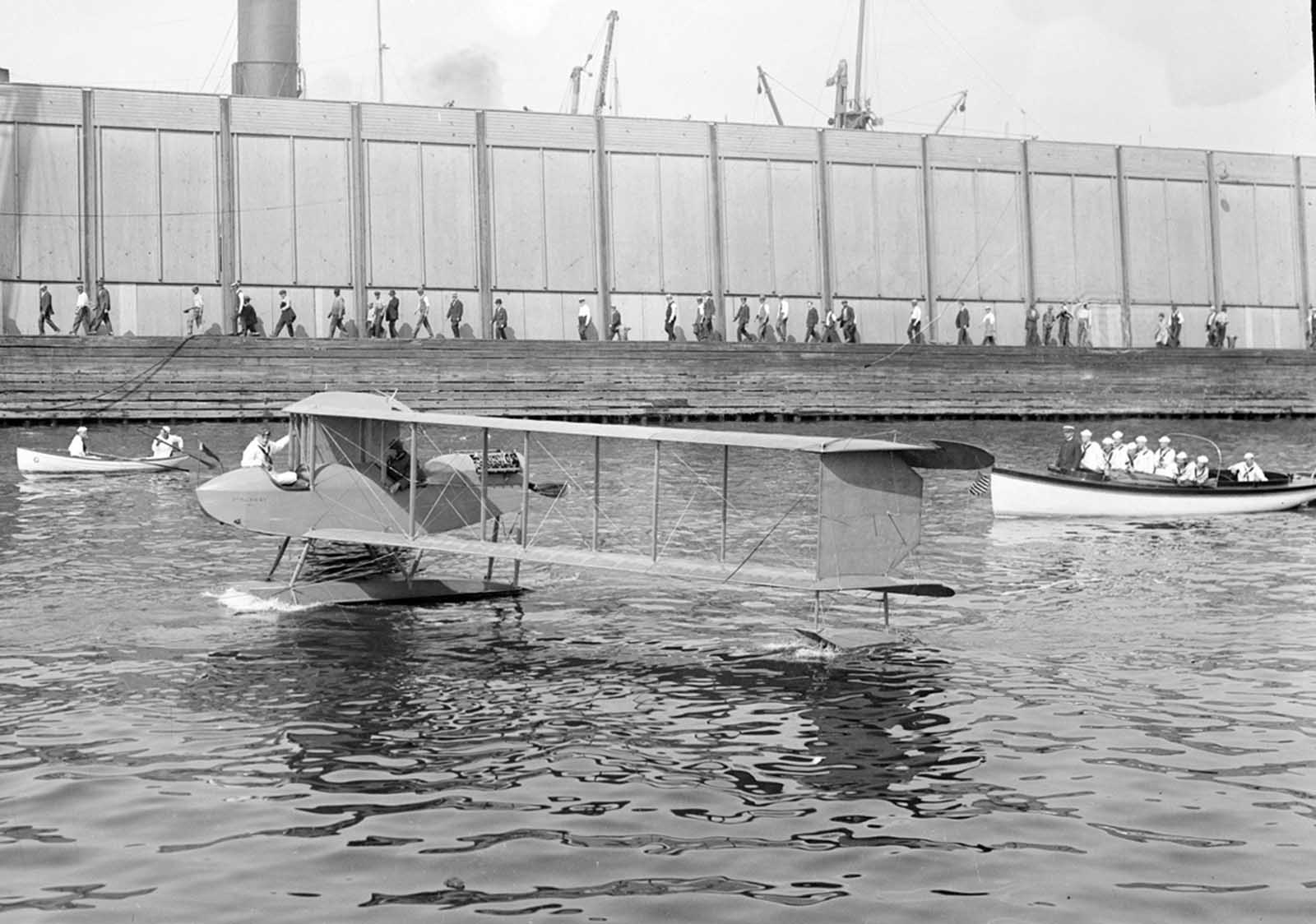 The Burgess Seaplane, a variant of the Dunne D.8, a tailless swept-wing biplane, in New York, being used by the New York Naval Militia, ca 1918.
